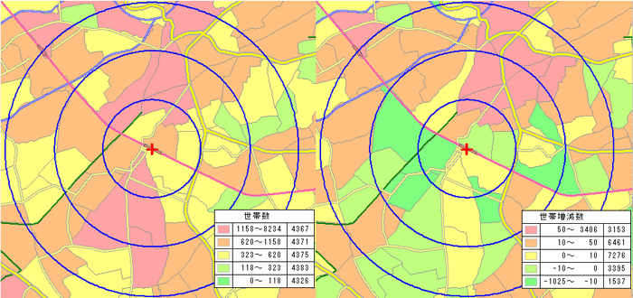駅周辺地域における世帯数（現時点）と増減数（過去３年間）