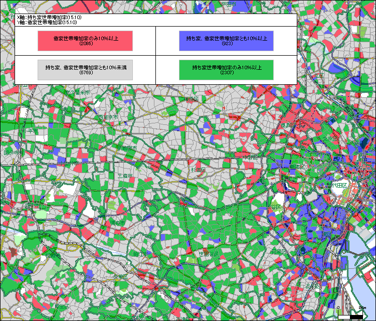 国勢調査結果による持家世帯と借家世帯の増加率(2010年～2015年)の関係図