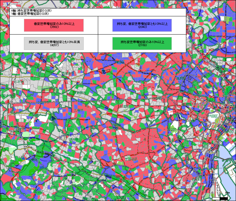 国勢調査結果による持家世帯と借家世帯の増加率(2005年～2010年)の関係図