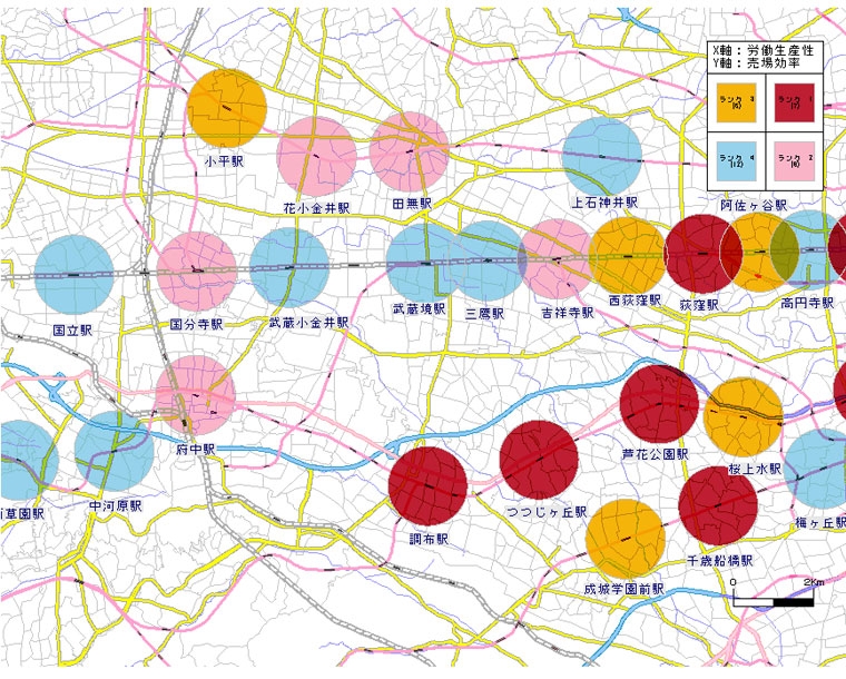 駅周辺地域（１km圏）労働生産性と売場効率によるランクマップ
