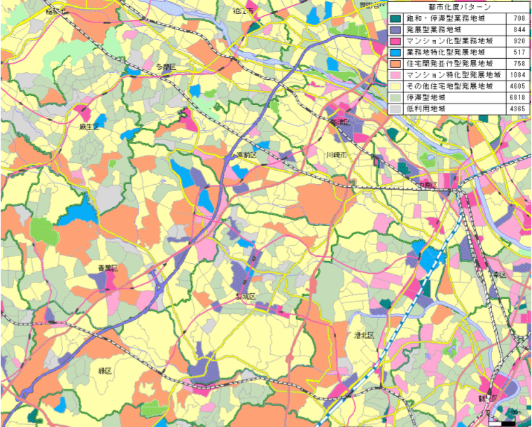 推計都市化度パターンによる地域の塗り分けイメージ