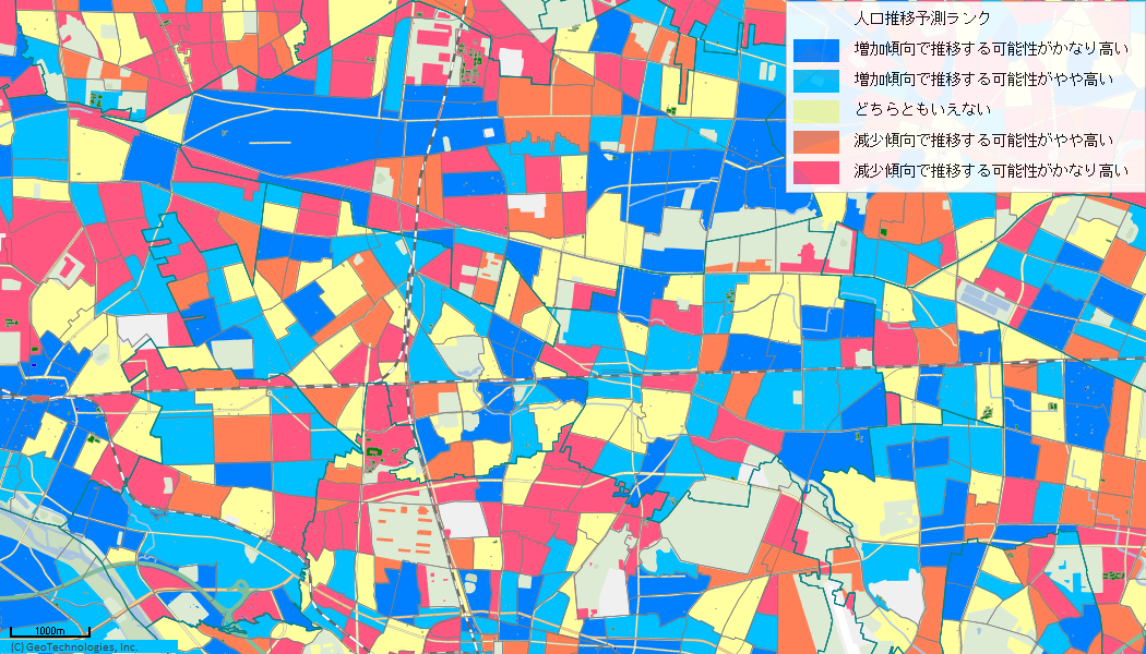 人口推移予測ランクによる地域の塗り分けイメージ