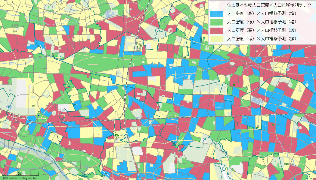 人口推移予測ランクに人口密度を組み合わせた地域クラスタリングイメージ
