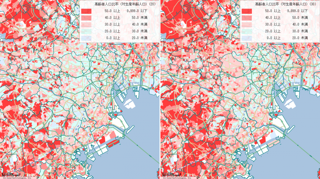 東京近郊における高齢者人口比率の推移（10年後との比較）